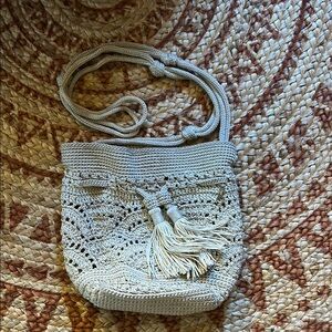 Cream Crochet Crossbody Bag with Tassel and Rope Strap